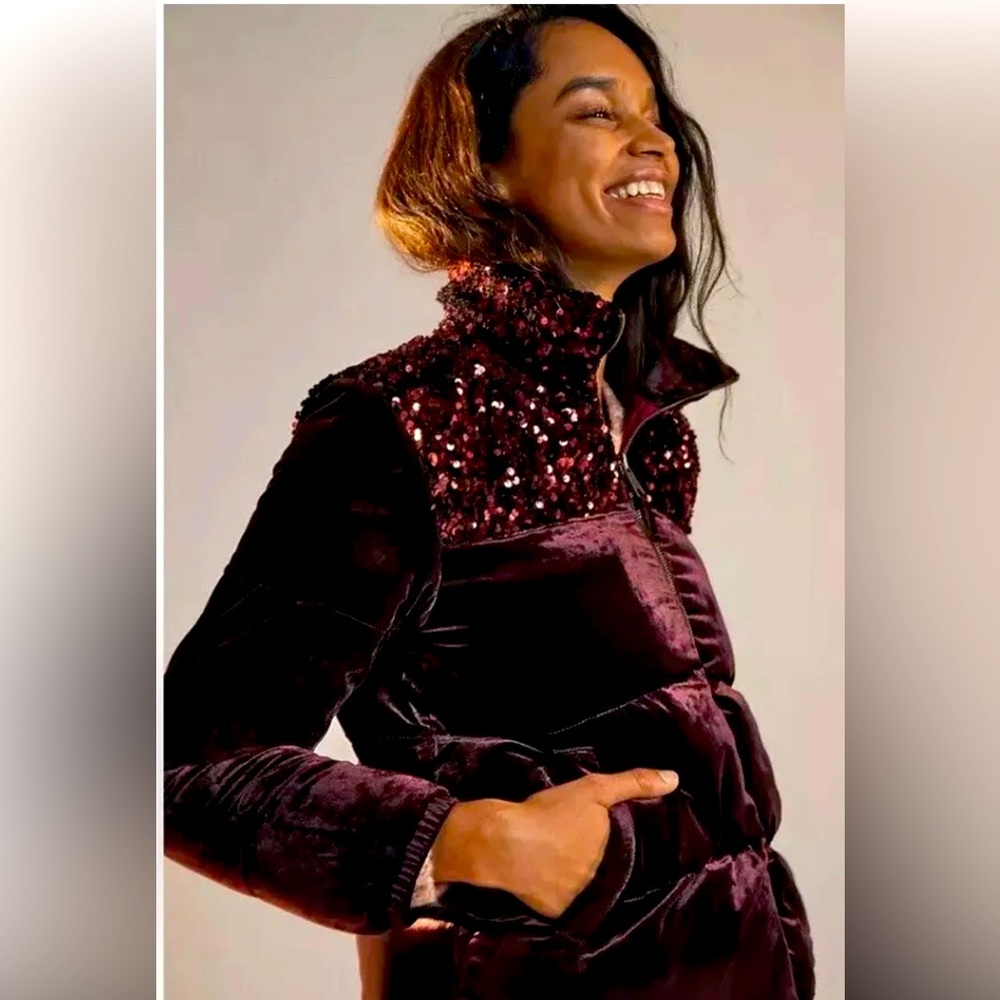 Anthropologie Vera Velvet Sequin Puffer Jacket NWT